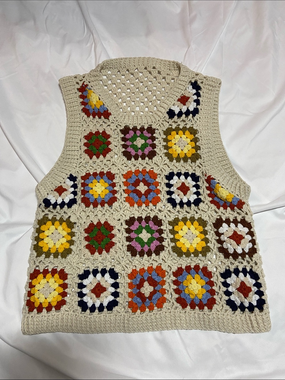 Cream Crochet Granny Square Vest with Multicolor Accents